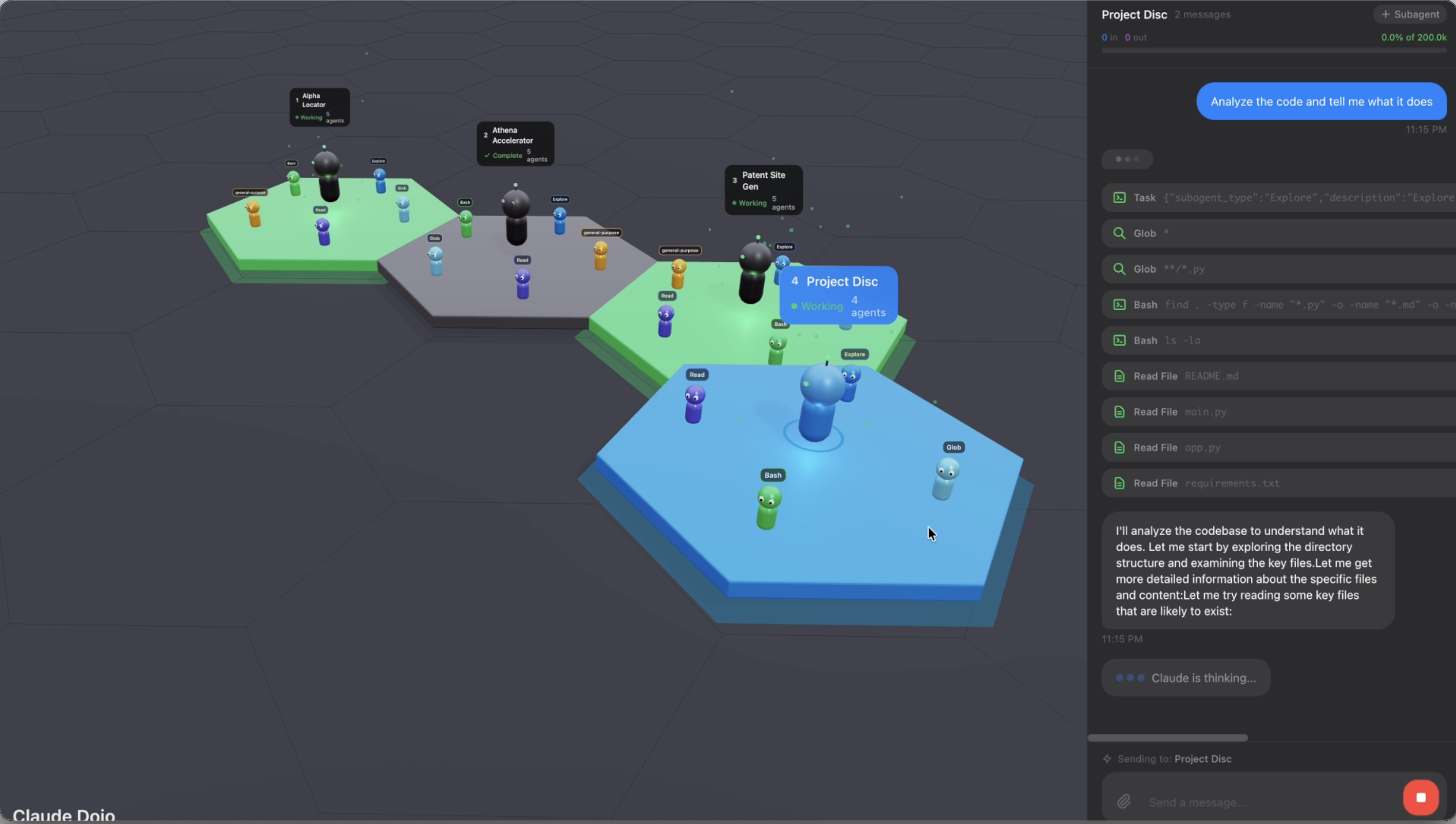 Claude Dojo interface showing the 3D hex grid visualization with multiple projects and chat sidebar